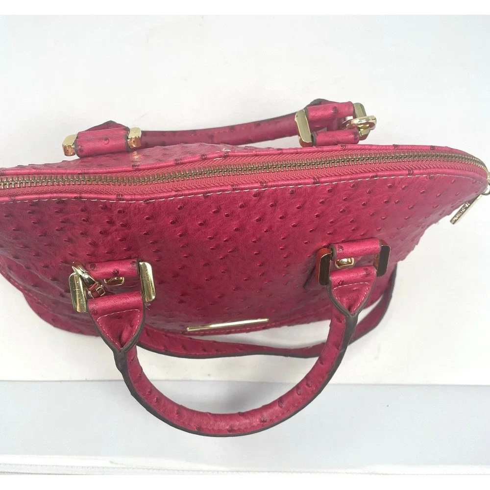Ivanka Trump Ava Dome Satchel Pink Ostrich Embossed Handbag Gold Hardware Purse